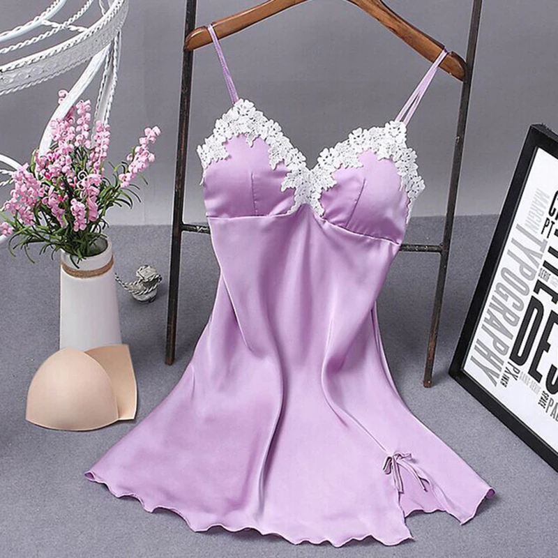 Сексуальное кружевное платье для сна, женские ночные рубашки из искусственного шелка, летние ночные рубашки, атласная ночная рубашка, женское домашнее платье, ночная рубашка - Цвет: purple
