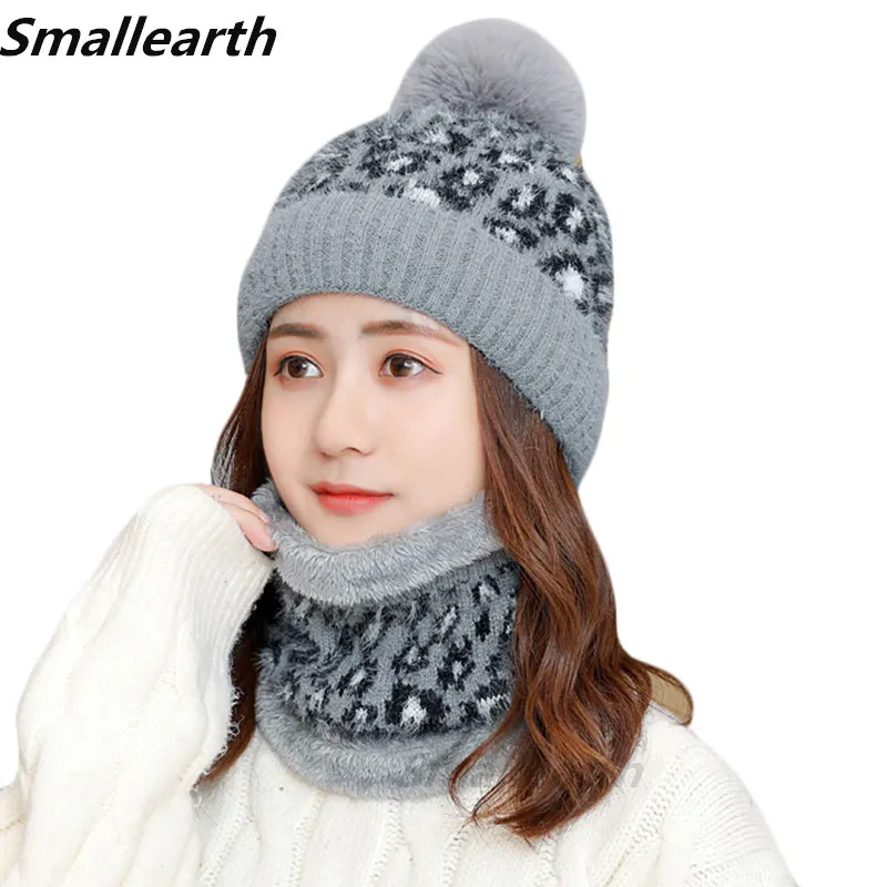 

2 Pieces Set Women Winter Hat Scarf Leopard Knit Beanies Hat Scarves Sets Female Plus Velvet Thickening Cold Warm Cap Scarf Set