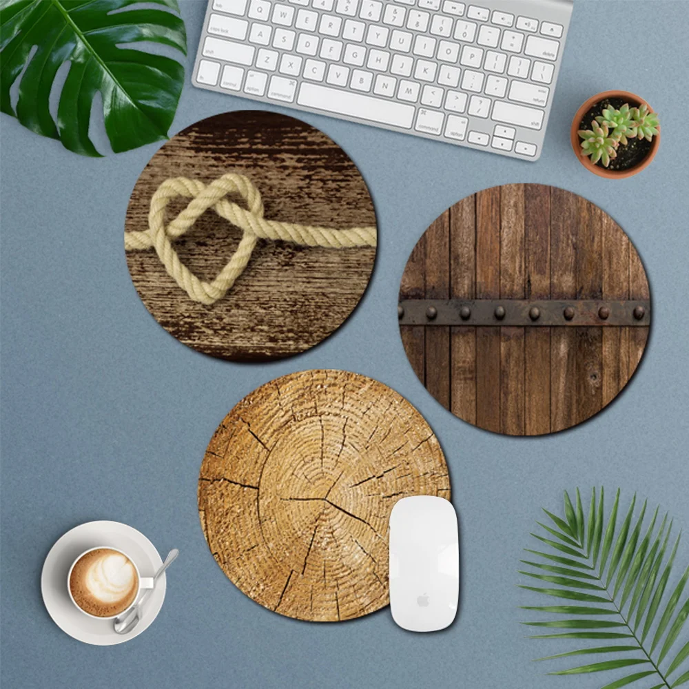 

Printed Wood Round Mouse Pad PU Leather Anti-slip Gaming Mice Mat New Desk Cushion Comfortable for Laptop PC MacBook Office