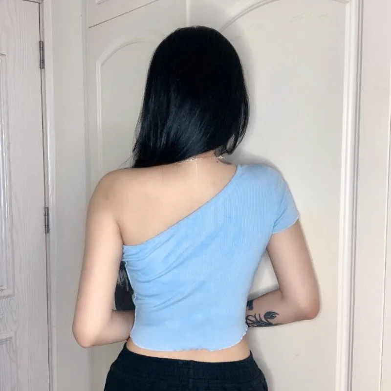 2020 One-Shoulder Short Sleeve Sexy Crop Tops Summer Women Fashion Casual Bodycon Stretchy T-shirts