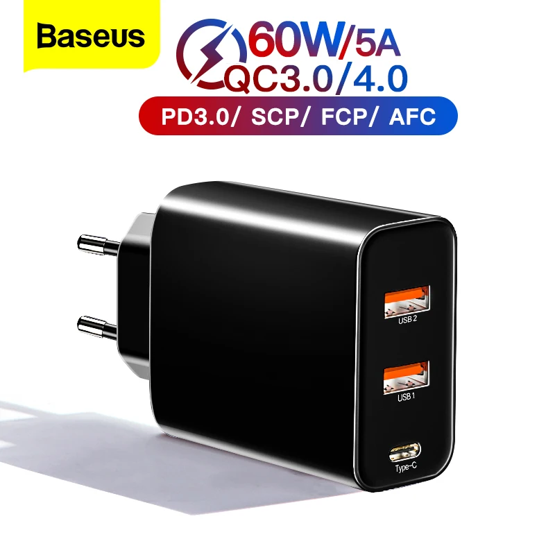 Baseus – chargeur USB type-c 60w Quick Charge 4.0 PD pour téléphone portable, compatible avec iPhone 12 Pro, Samsung, Xiaomi, Huawei