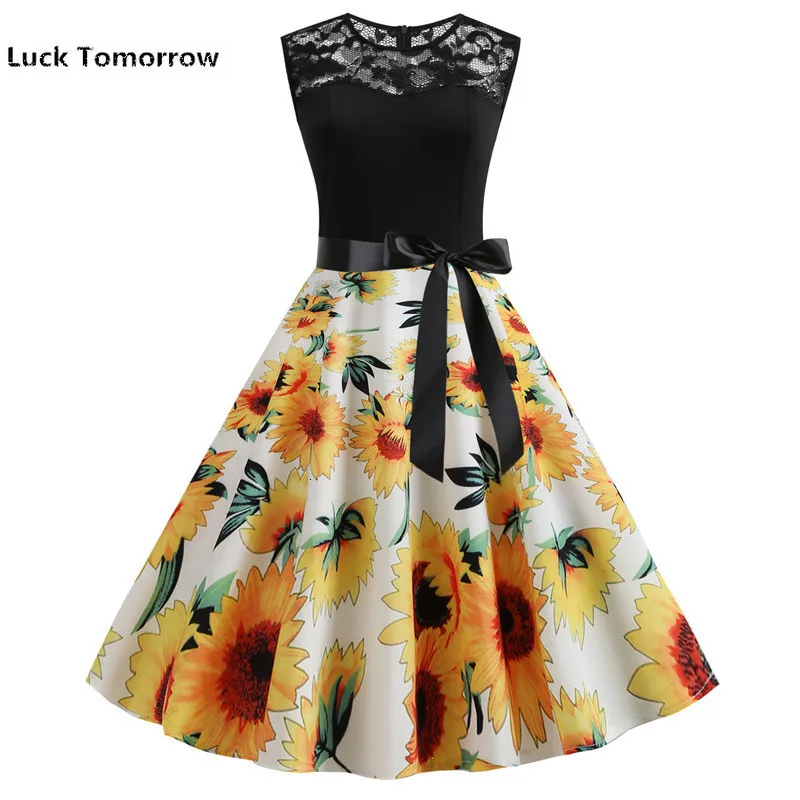 

2019 Women High Waist Pleated Dress Girl Sleeveless Print Floral Patchwork Lace Hepburn Vintage Swing Lady Casual Drop Shipping