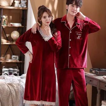 

Lovers Long Sleeve Velour Sleepwear Pyjamas Suit Women Nightdress Man Sleep 2Pcs Loungewear Nightwear Couple Velvet Pajamas Set