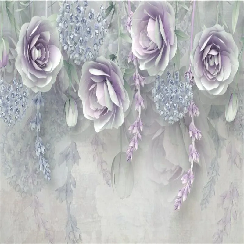 Large 3D wallpaper mural custom purple flower 3D three-dimensional relief flower bedroom background wallpaper mural