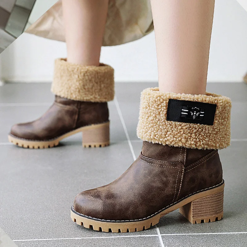 

AIWEIYi Winter Snow Boots Keep Warm Shoes Women Square Heel High Heels Boots Fashion Fur Warm Boots Brand Woman Ankle Botas