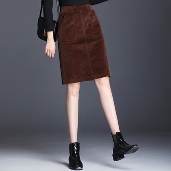 

Women Corduroy Pencil Skirt Large Size Female Loose Skirt Elastic Waist Casual Bottom Retro Wild Color Women's Bag Skirt