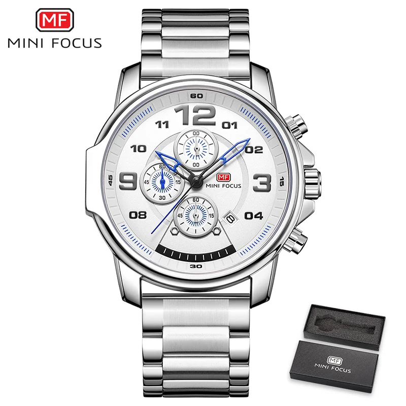 Серебристый MINIFOCUS модные мужские часы люксовый бренд бизнес серебро Нержавеющая сталь мужские кварцевые часы хронограф спортивные наручные часы для мужчин s - Цвет: Серебристый