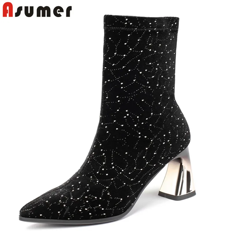 

ASUMER Big size 34-42 New cow suede leather boots rhinestone pointed toe strange high heels autumn ankle boots wedding shoes