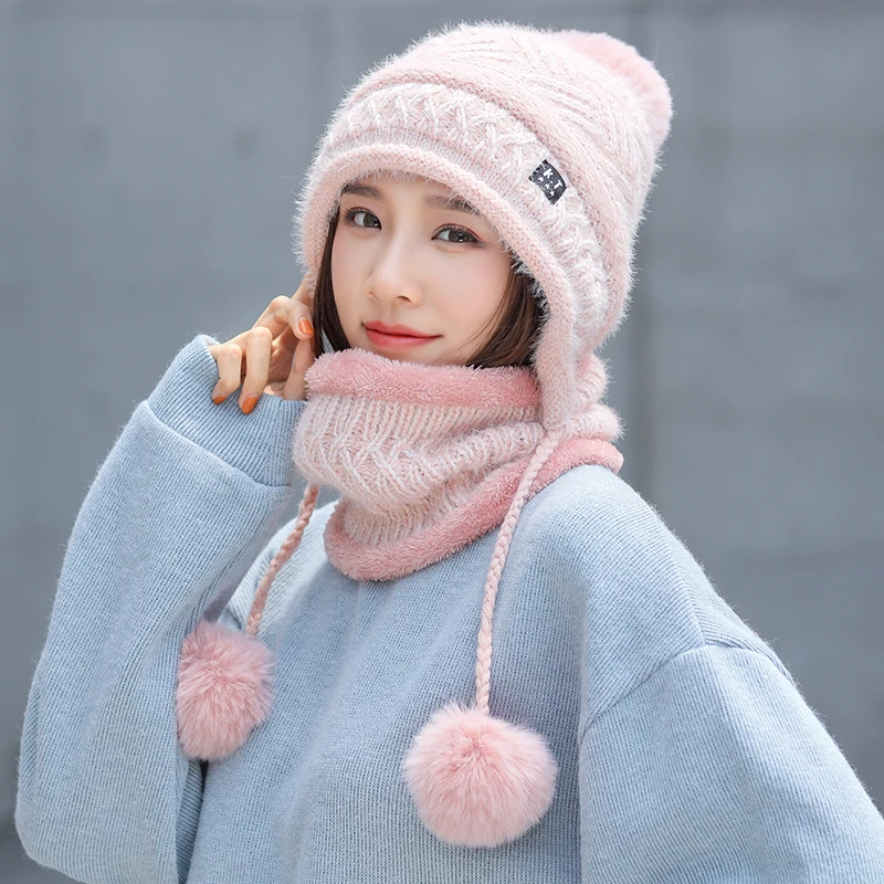 Зимняя женская разноцветная вязаная шапка, шарф, комплект из 2 предметов с теплой шерстяной подкладкой, шапки-бини с 3 шариками, вязаная шапка с помпоном, шапка для женщин - Цвет: Pink