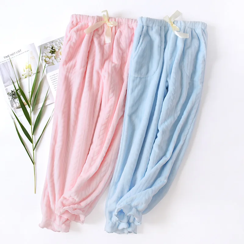 

Flannel Sleep Pants Women Autumn and Winter Coral Fleece Trousers Loose Sweet Japanese Thickening Plus Velvet Pajamas Pants Home