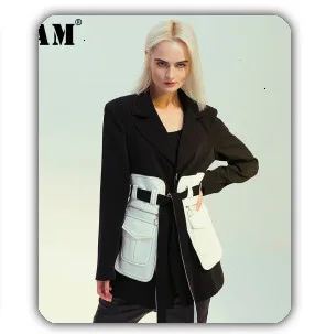 [EAM] Новинка, весенняя куртка с отворотом и длинным рукавом, однотонная, черная, серая, с разрезом, свободная, большой размер, женская мода, JC969