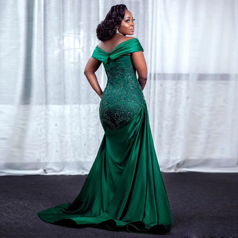 Aso Ebi Green/вечерние платья больших размеров, длинные юбки, Аппликации блёстками из бисера, платье для выпускного вечера с открытыми плечами