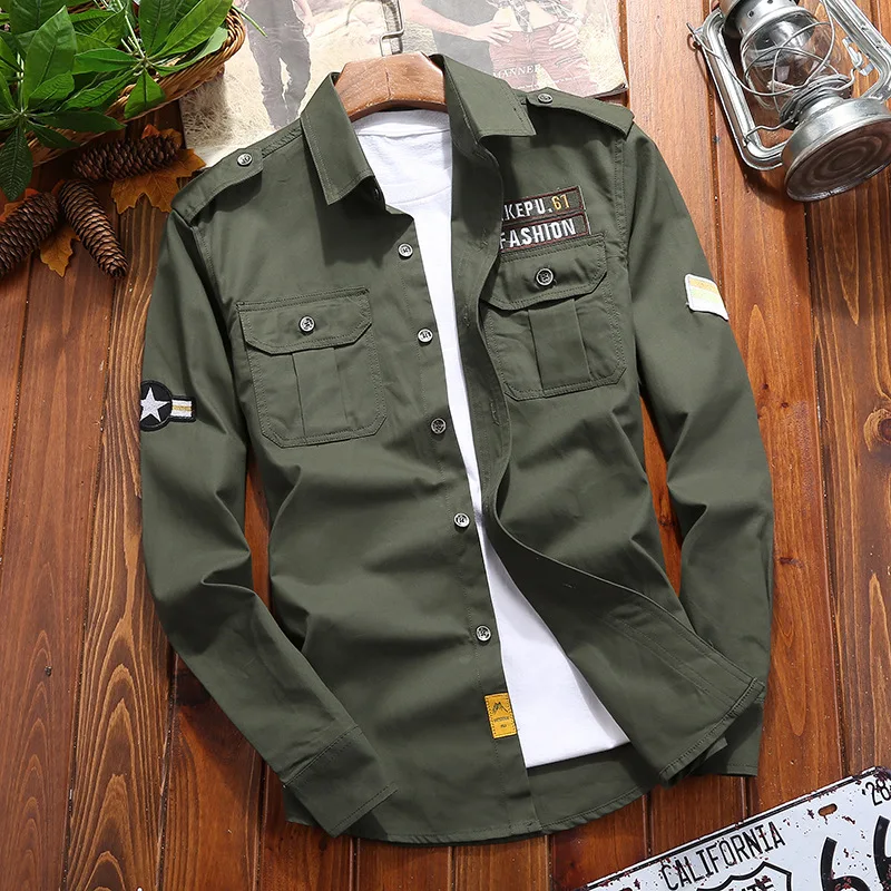 Camisas militares informales para hombre, Camisa de algodón, caqui, Retro, ajustado, con bolsillo, manga larga, Vintage, ropa de calle, envío directo