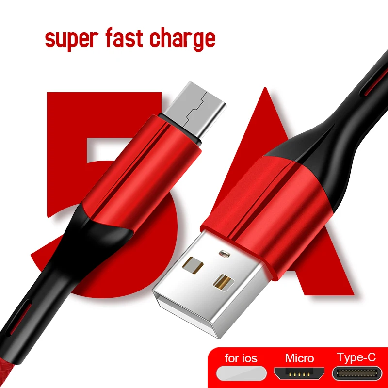 USB кабель для быстрой зарядки и передачи данных для ios 1 м USB кабель для зарядки и передачи данных type-C Micro USB Мобильный телефон 5A Android супер зарядное устройство