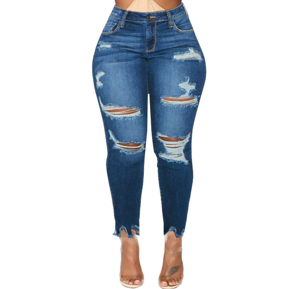 Женские обтягивающие джинсы с дырками, женские синие джинсы, винтажные женские узкие джинсовые брюки-карандаш со средней талией, женские джинсы D25
