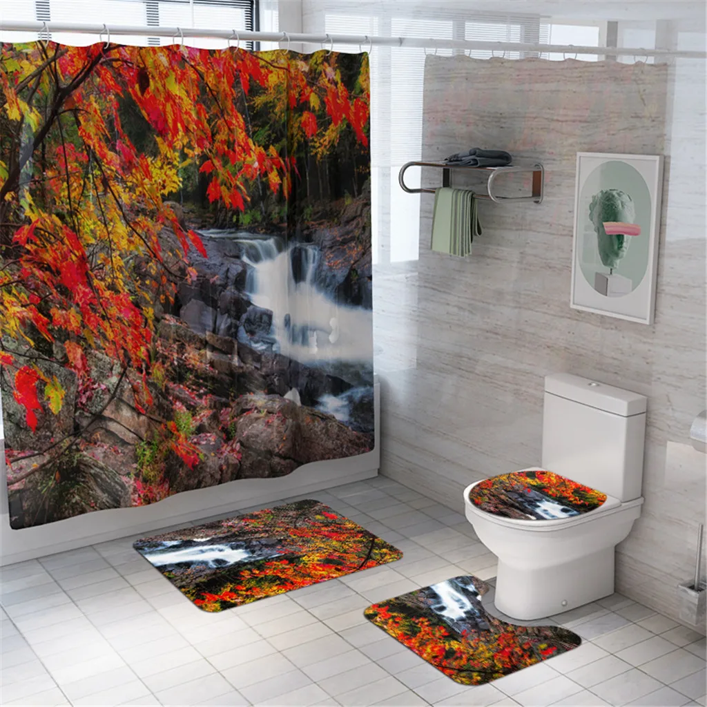Mountain Landscape Print Shower Bathroom Mat and Shower Curtain Four-Piece Set household accessories for bathroom shower set
