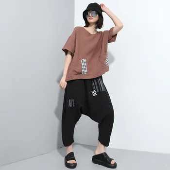 

WOMENGAGA 2020 Summer New Harem Pants Casual Loose Elastic Waist Plaid Patchwork Streetwear Pockets Personality Large Size A237