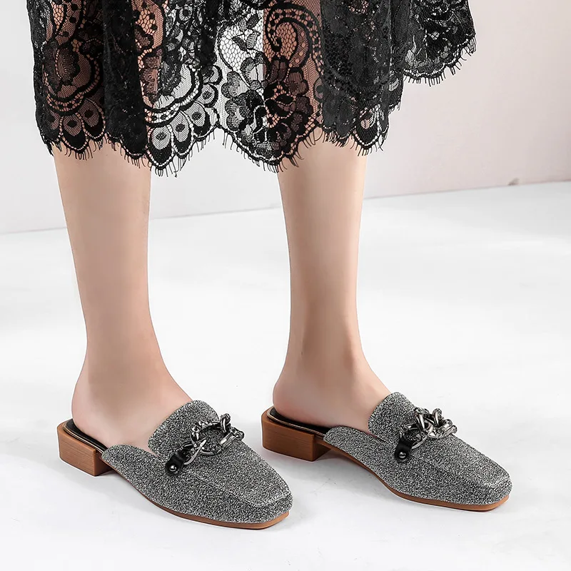 

shoes woman mules metal decoration square heels slippers closed toe slides shallow plus size shoes zapatos mujer black gray