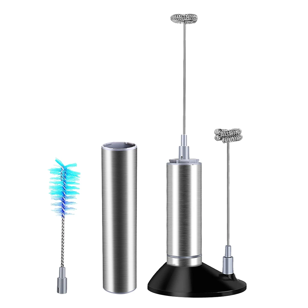 Handheld Electric Milk Frother with Single Double Whisk Head & Cleaning Brush