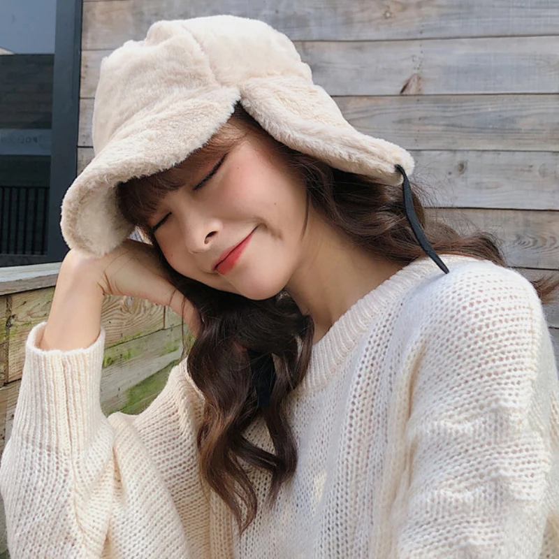 Rabbit Fur Women Thick Hat Winter Thermal Knitted Bomber Hats Windproof Match Female Cap