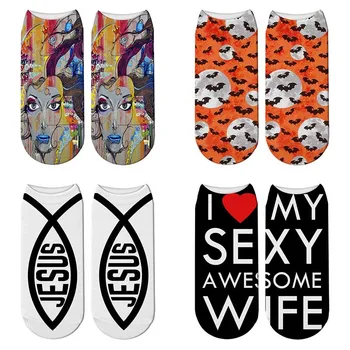 

New Fashion Creative 3D Printed Graffiti Art Alphabet Animal Socks For Women Funny Bat Unisex Low Ankle Socks Sports Crew Socks