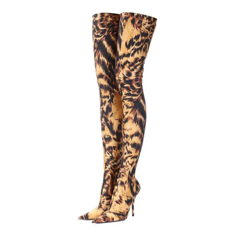 

Stylish Pointed Toe Stiletto Heel Slip-On Thigh High Boots Leopard Printing Over-the-Knee Serpentine 2019 Autumn Sexy Club Shoes