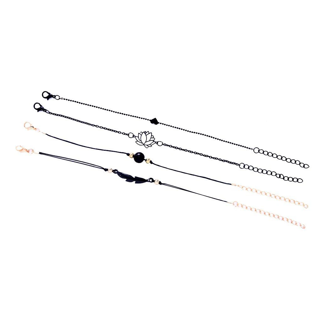 Fashion Bracelet 4PCs Gothic Black Feather Lotus Bracelets Set Heart Charm Boho Bangles For Women Wrist Chain For Fashion Bracelet Fashion Jewelry