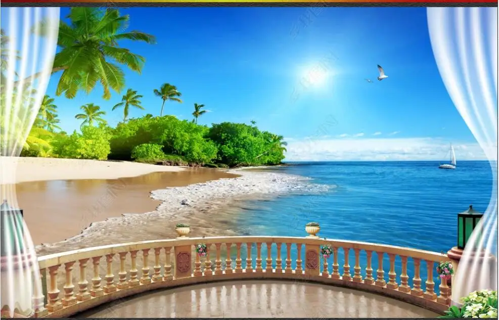 

photo wallpaper 3 d custom mural Balcony seaside beach coconut tree scenery home decor living room Wallpaper for walls in rolls