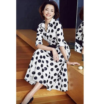 

High Quality 2020 Autumn New Style Women'S Party Casual Vintage Elegant Chic Dot Print Lapel Long Sleeve Midi Dress