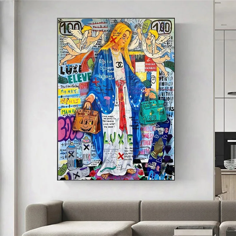

Graffiti Art Van Virgin Mary Poster Collage Oil Painting on Canvas Print Art Wall Colorful Picture for Living Room Home Decor