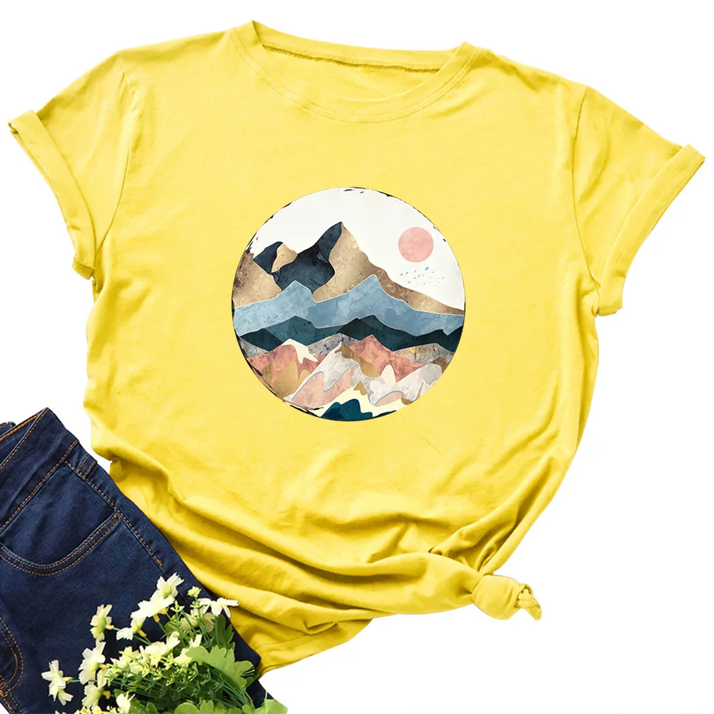 Plus Size Women's Tops T Shirt Creative Golden Mountain Peak Women T-shirt Graphic Funny Print Cotton Tshirt Summer Top Tees