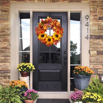 

Sunflower Maple Leaf Wreath, Handmade Wreath, Classic Flower Lining Decoration Suitable for Family Room, Garden, Home Wall Decor