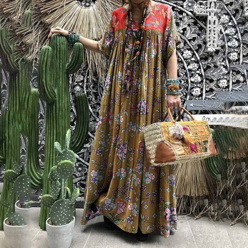 Plus Size Celmia Women Casual Dress Summer Floral Print Maxi Long Dresses Loose Short Sleeve Pleated Holiday Vestidos Mujer