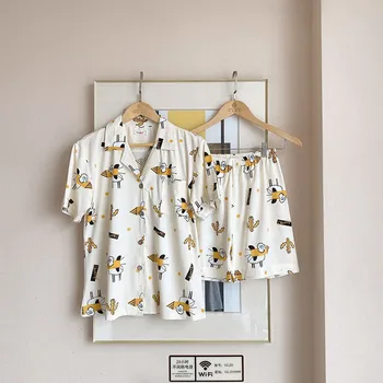

Women Button Print Short Sleeve Top Shorts Pyjamas Satin Silk Pajama Sets Cute Cartoon Sleepwear Homewear