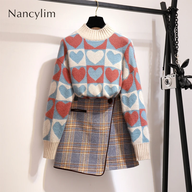 

Plus Size Skirts Set Knitted Sweater Suit Women 2019 Autumn Winter Loose Love Sweater + Irregular Wool Skirt Two-piece Suit