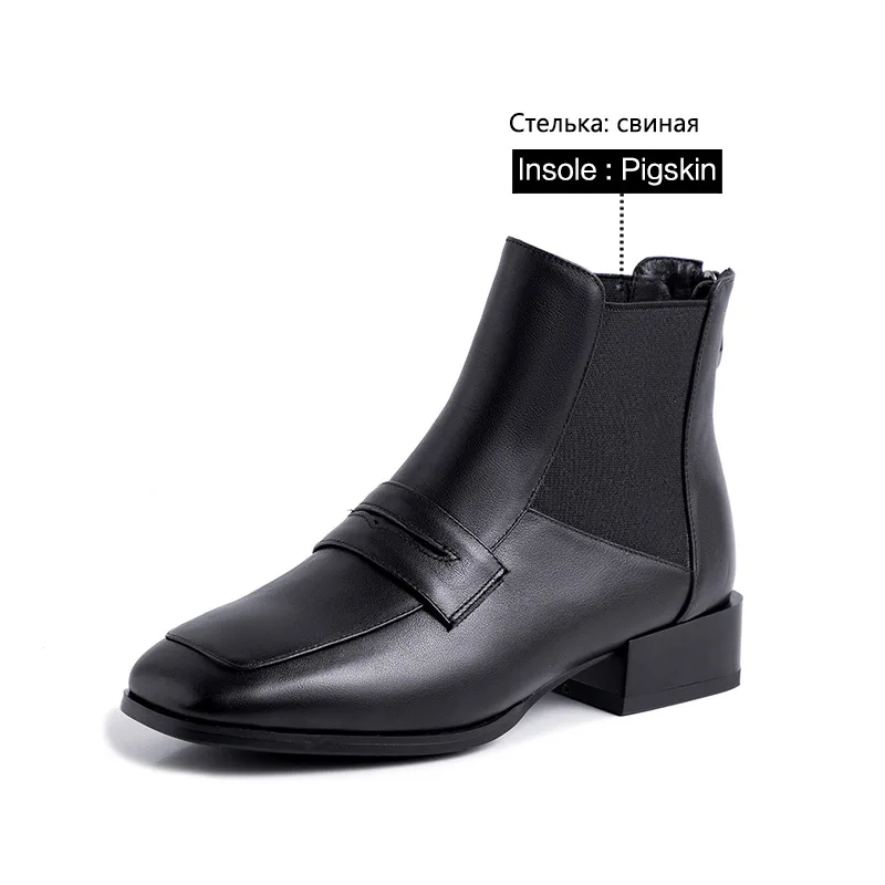Donna-in/; ботильоны для женщин из натуральной кожи; элегантные эластичные женские ботинки «Челси» с квадратным носком; обувь на каблуке; цвет коричневый, черный - Цвет: Black pigskin