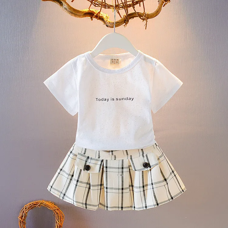 

Toddler Girl Clothes Summer Letter O-neck Short Sleeved T-shirts + Plaid Dresses Christmas Children Clothes Kids Bebes Suits