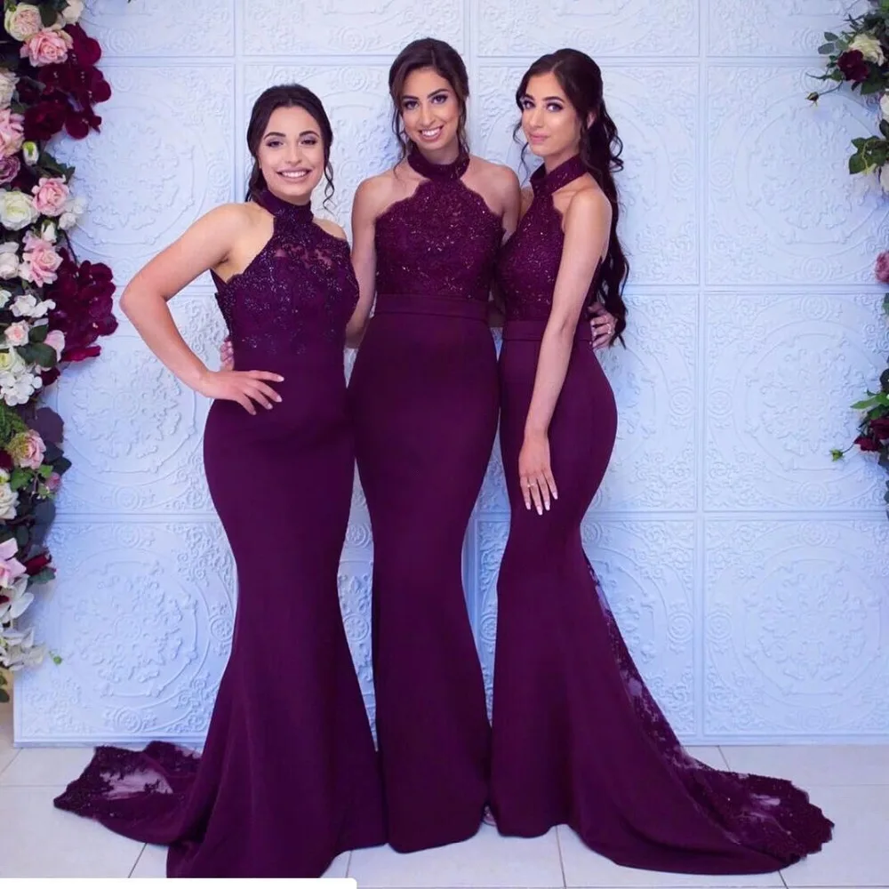 Vestidos Damas Honor шифоновые платья русалки для подружки невесты Холтер шеи в пол без рукавов недорогое свадебное торжество платье