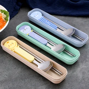 

Creative Cartoon Wheat Straw Portable Transparent Tableware Two Piece Set Travel Spoon Chopsticks Stainless Steel Cutlery Set