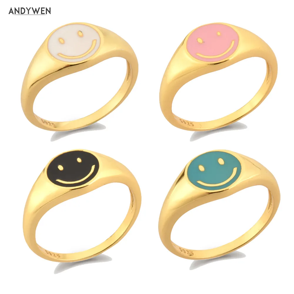 ANDYWEN 925 Sterling Silver Gold Smile Enamel Thick Ring Size Luxury Spring Fine Jewelry White Black Pink Smiley Women Gift