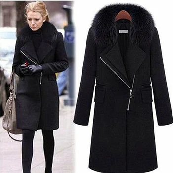 

New Women Winter Long Sleeve Fur Collar Warm Wool Coats Female Slim Fashion Temperament Comfortable Zippers Tweed Coat ZX1357