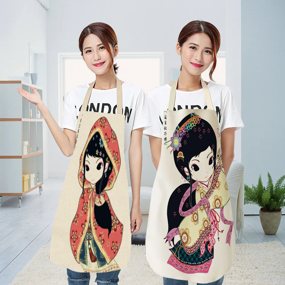 1 Pcs Girl Printed Kitchen Aprons for Women Home Cooking Baking Ancient Costume Beauty Waist Bib Cotton Linen Pinafore