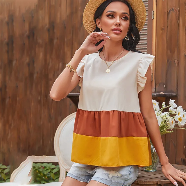 2021 Summer Women Casual Color-block Blouse Shirts V Neck Ruffles Sleeveless  Cotton Shirts Fashion Female Striped Tops Blusas - Blouses u0026 Shirts -  AliExpress