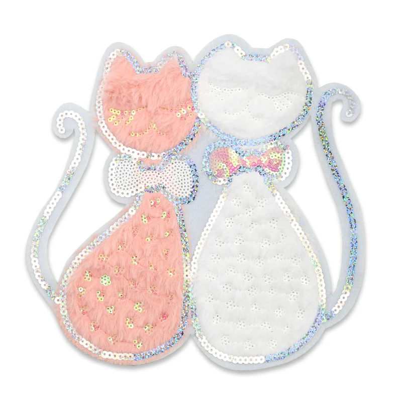 

20x20cm Big Patch 2 Cat Embroidery Plush White Pink Sewing Children Kids Sequined Patches for Clothing