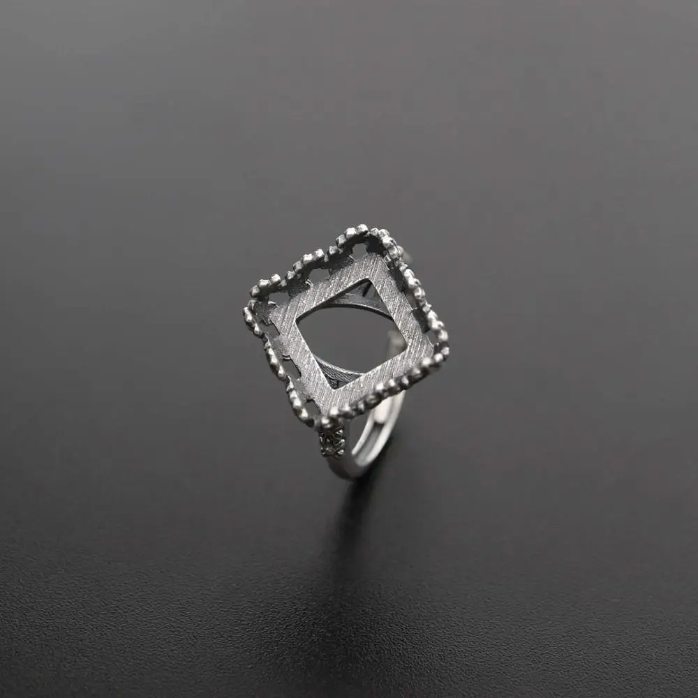 

12MM Antiqued Style Solid 925 Sterling Silver Square Cabochon Flower Bezel Adjustable Ring Settings DIY Jewelry Supplies 1294143