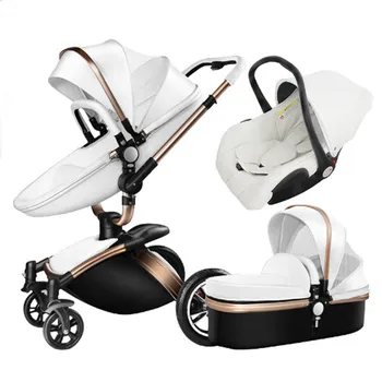 

3 In 1 Baby Stroller Leather Two-way High Landscape Stroller 360 Degree Turn Can Sit Foldable Shock Absorber Bb Car