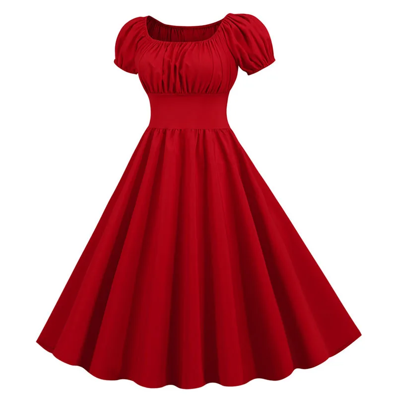 Women Vintage Dress Robe Femme Summer Puff Sleeve Square Collar Solid Red Color Elegant Party Plus Size Casual Office Midi Dress