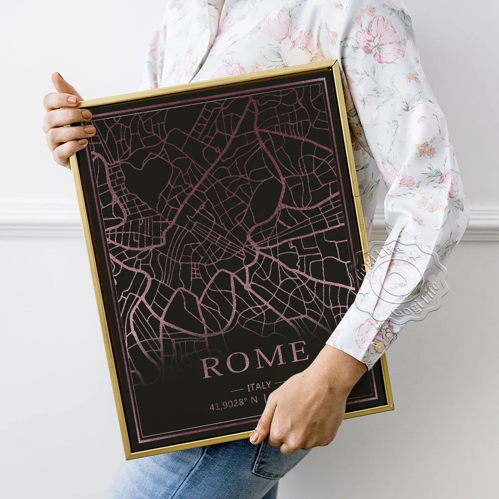 

World Tourist City Attractions Map Prints Poster, Rome Italy Personalized Dark Background Wall Stickers, Creative Home Decor