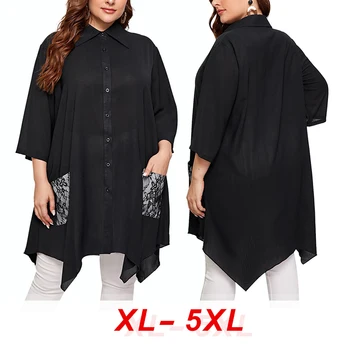 

2020 Loose Long-sleeved Shirt Women Large Size Blouse Plus Size Female Tops Work Lace Irregular Lapel Half Sleeve Tunic Clothes