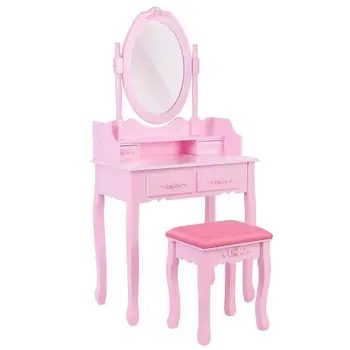 

Modern Makeup Table Home Pink Dresser with Mirror Stool and 4 Drawers in MDF